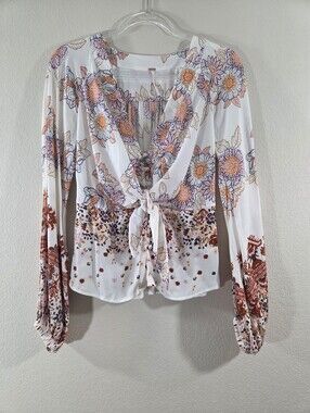 FREE PEOPLE Run Free Boho Mixed Floral Print Tie Front Long Sleeve Tunic Blouse